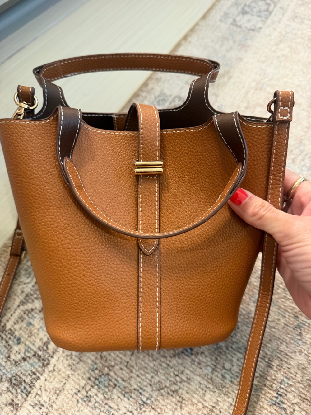 Classic Pebbled Faux Leather Bucket Bag in Tan